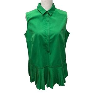 Akris Punto Blouse Top Womens 12 Green Sleeveless Pleated Career Teacher
